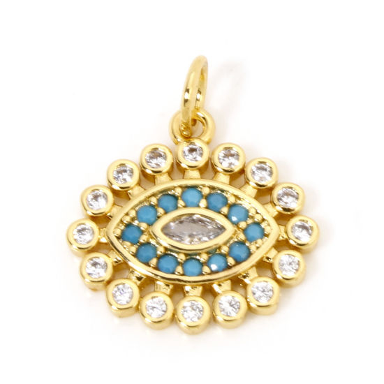 Image de 1 Pièce Breloques Religieux en Laiton Respectueux de la Nature Plaqué Or Véritable 18K Oeil de la Providence/ Oeil Qui Voit Tout à Zircone Cubique Clair & Bleu 18mm x 15mm