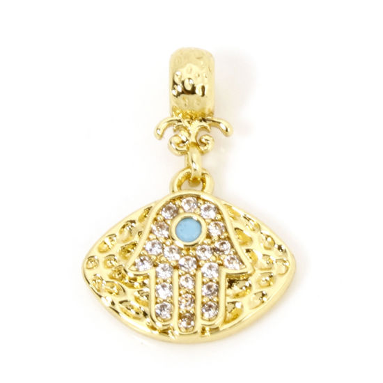 Image de 1 Pièce Breloques Religieux en Laiton Respectueux de la Nature Marquise Plaqué Or Véritable 18K Khamsa Symbole Paume Micro Pave à Zircone Cubique Clair & Bleu 17mm x 12mm