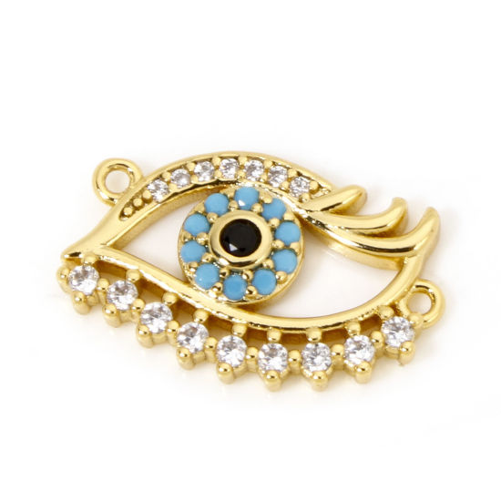 Image de 1 Pièce Breloques en Laiton Respectueux de la Nature œil Plaqué Or Véritable 18K Micro Pave à Zircone Cubique Clair & Bleu 18mm x 13mm
