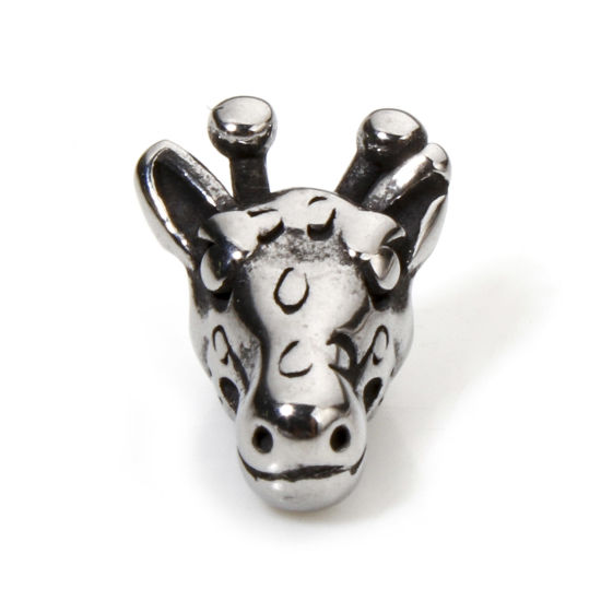 Picture of 2 PCs 304 Stainless Steel 3D Beads For DIY Jewelry Making Giraffe Animal Antique Silver Color 12mm x 9mm, Hole: Approx 1.8mm