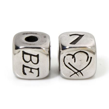 Picture of 2 PCs 304 Stainless Steel Beads For DIY Jewelry Making Cube Antique Silver Color Heart 9mm x 9mm, Hole: Approx 2.6mm