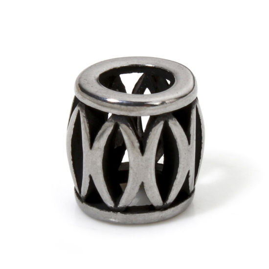 Picture of 2 PCs 304 Stainless Steel Beads For DIY Jewelry Making Barrel Antique Silver Color Texture 8mm x 8mm, Hole: Approx 4.2mm