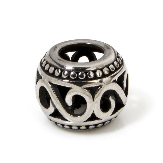 Image de 1 Pièce Perles pour DIY Fabrication de Bijoux en 304 Acier Inoxydable Tambour Argent Vieilli Fleurs Creuses env. 11mm Dia., 8mm x