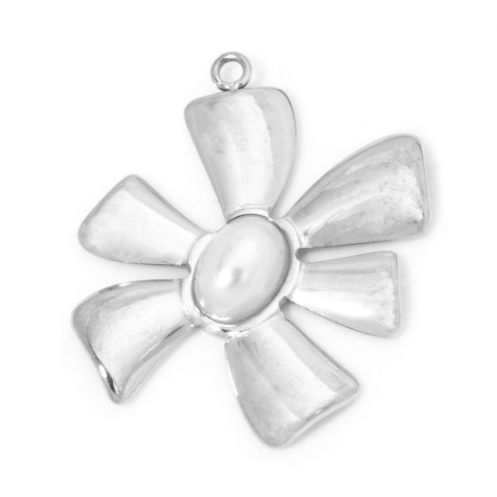 Picture of 1 Piece 304 Stainless Steel Charms Silver Tone Flower Acrylic Imitation Pearl 25mm x 22mm