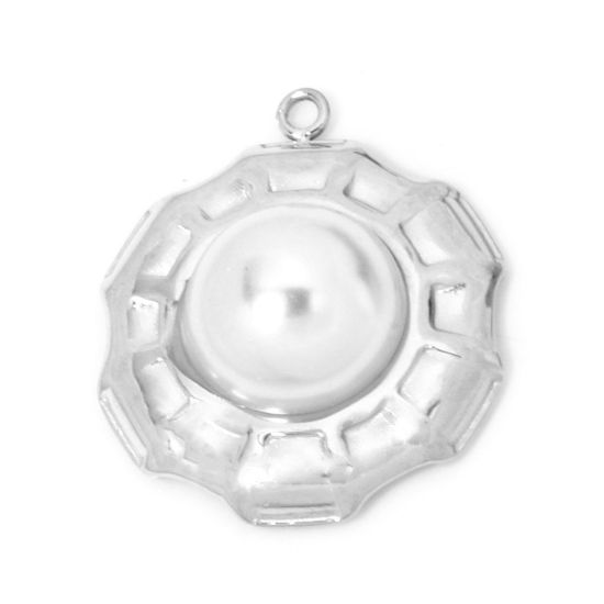 Picture of 1 Piece 304 Stainless Steel Charms Silver Tone Round Acrylic Imitation Pearl 21.5mm x 18mm