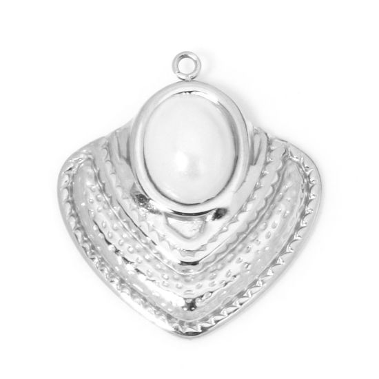 Picture of 1 Piece 304 Stainless Steel Charms Silver Tone Rhombus Acrylic Imitation Pearl 25mm x 23mm