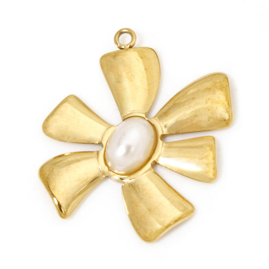 Picture of 1 Piece Vacuum Plating 304 Stainless Steel Charms 18K Gold Plated Flower Acrylic Imitation Pearl 25mm x 22mm