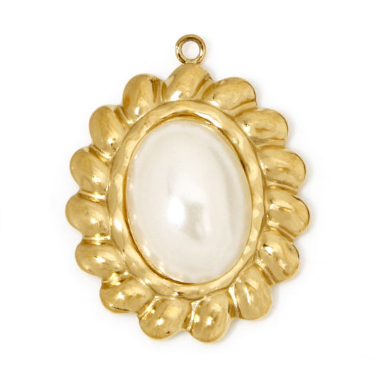 Picture of 1 Piece Vacuum Plating 304 Stainless Steel Charms 18K Gold Plated Oval Acrylic Imitation Pearl 26mm x 20mm