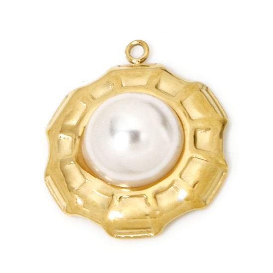 Picture of 1 Piece Vacuum Plating 304 Stainless Steel Charms 18K Gold Plated Round Acrylic Imitation Pearl 21.5mm x 18mm