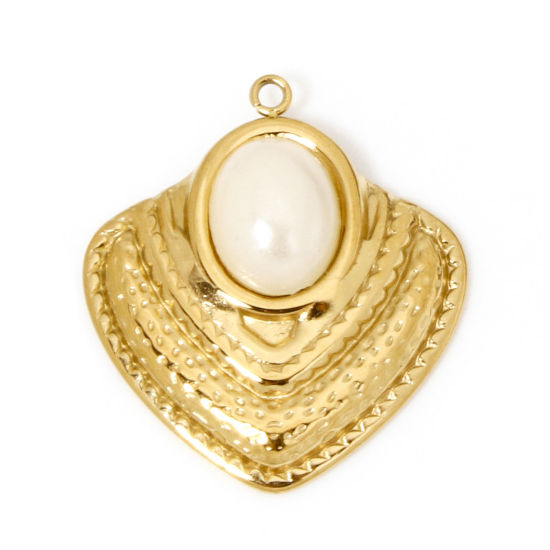 Picture of 1 Piece Vacuum Plating 304 Stainless Steel Charms 18K Gold Plated Rhombus Acrylic Imitation Pearl 25mm x 23mm