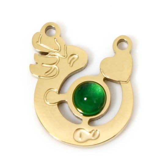 Bild von 1 Stück Umweltfreundliche PVD-Vakuumbeschichtung 304 Edelstahl Charms 18K Vergoldet Grün Drache Mit Glas Cabochon 15mm x 14mm