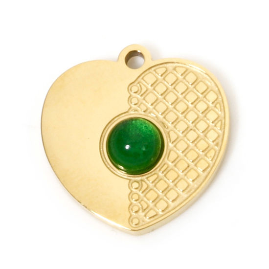 Bild von 1 Stück Umweltfreundliche PVD-Vakuumbeschichtung 304 Edelstahl Charms 18K Vergoldet Grün Herz Mit Glas Cabochon 14mm x 14mm