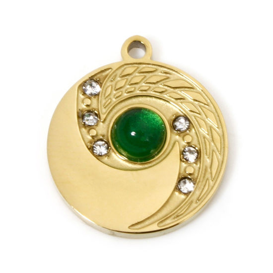 Bild von 1 Stück Umweltfreundliche PVD-Vakuumbeschichtung 304 Edelstahl Charms 18K Vergoldet Grün Rund Scheibe Mit Glas Cabochon Transparent Strass 16mm x 14mm