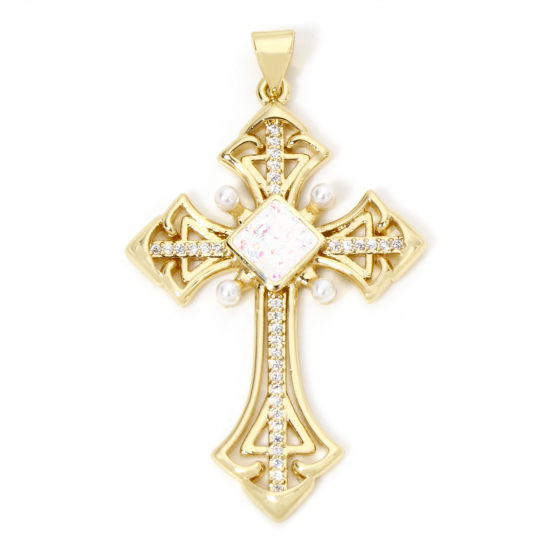 Image de 1 Pièce Pendentifs Religieux en Laiton Croix Plaqué Or 18K Opale Imitation à Zircone Cubique Clair 4.7cm x 2.8cm