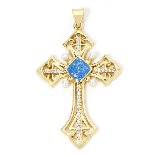Image de 1 Pièce Pendentifs Religieux en Laiton Croix Plaqué Or 18K Opale Imitation à Zircone Cubique Clair 4.7cm x 2.8cm
