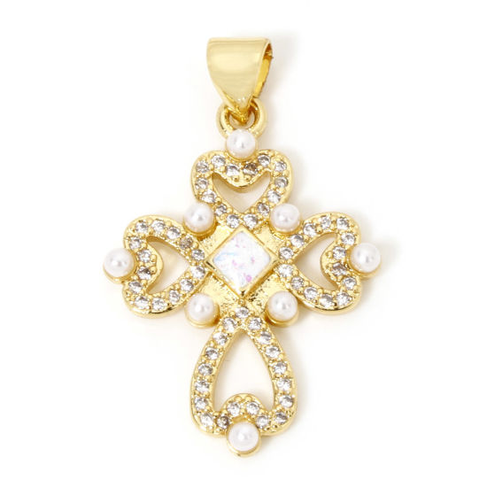 Image de 1 Pièce Pendentif Breloque Religieux en Laiton Croix Plaqué Or 18K Opale Imitation à Zircone Cubique Clair 29mm x 18.5mm