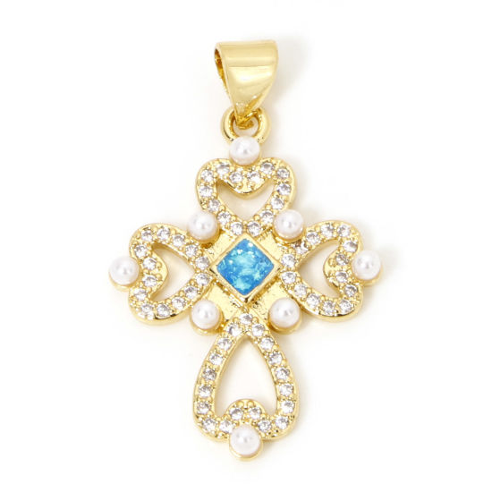 Image de 1 Pièce Pendentif Breloque Religieux en Laiton Croix Plaqué Or 18K Opale Imitation à Zircone Cubique Clair 29mm x 18.5mm