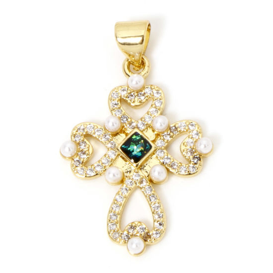 Image de 1 Pièce Pendentif Breloque Religieux en Laiton Croix Plaqué Or 18K Opale Imitation à Zircone Cubique Clair 29mm x 18.5mm