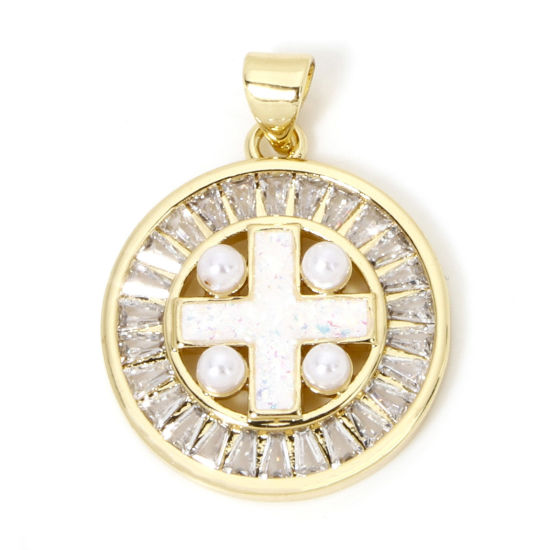 Image de 1 Pièce Pendentif Breloque Religieux en Laiton Rond Plaqué Or 18K Croix Opale Imitation à Zircone Cubique Clair 28mm x 21mm