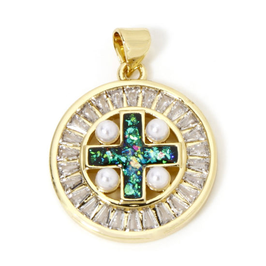 Image de 1 Pièce Pendentif Breloque Religieux en Laiton Rond Plaqué Or 18K Croix Opale Imitation à Zircone Cubique Clair 28mm x 21mm