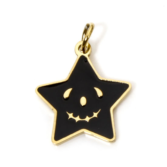 Picture of 1 Piece Vacuum Plating 304 Stainless Steel Halloween Charms Gold Plated Black Pentagram Star Ghost Face Enamel 13.5mm x 12mm