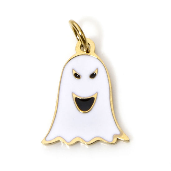 Picture of 1 Piece Vacuum Plating 304 Stainless Steel Cute Charms Gold Plated Black & White Halloween Ghost Smile Enamel 12mm x 9.5mm