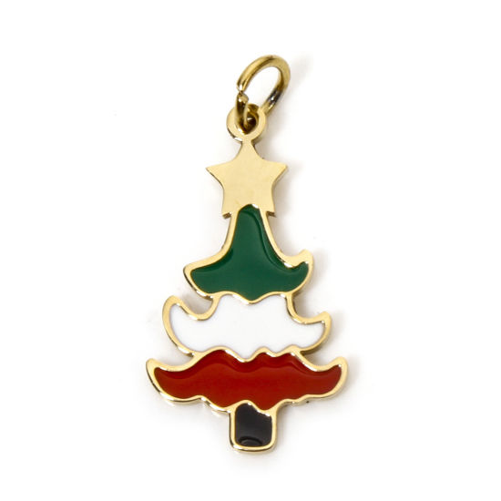 Picture of 1 Piece Vacuum Plating 304 Stainless Steel Exquisite Charms Gold Plated Multicolor Christmas Tree Enamel 16.5mm x 9.5mm