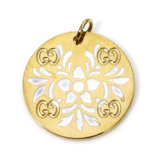 Picture of 1 Piece Vacuum Plating 304 Stainless Steel Stylish Charms Gold Plated White Round Flower Enamel 15.5mm x 15.5mm