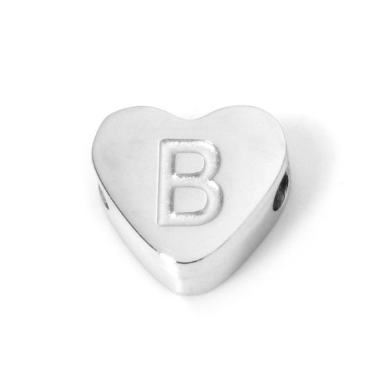 Bild von 2 Stück 304 Edelstahl Valentinstag Perlen zur DIY-Schmuckherstellung Herz Silberfarbe Anfangsbuchstabe/ Großbuchstabe Message " B " 8mm x 7mm, Loch: ca. 2mm