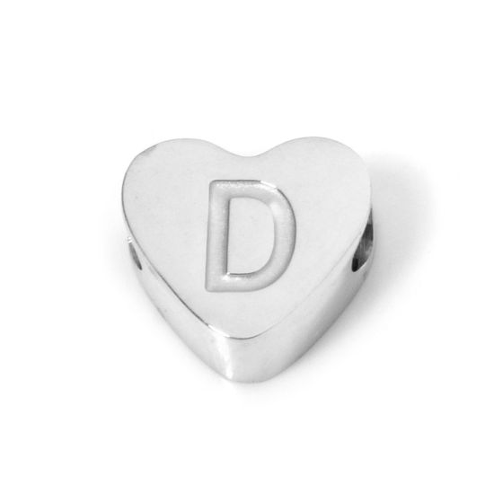 Bild von 2 Stück 304 Edelstahl Valentinstag Perlen zur DIY-Schmuckherstellung Herz Silberfarbe Anfangsbuchstabe/ Großbuchstabe Message " D " 8mm x 7mm, Loch: ca. 2mm