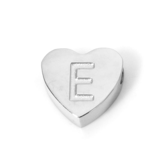 Bild von 2 Stück 304 Edelstahl Valentinstag Perlen zur DIY-Schmuckherstellung Herz Silberfarbe Anfangsbuchstabe/ Großbuchstabe Message " E " 8mm x 7mm, Loch: ca. 2mm