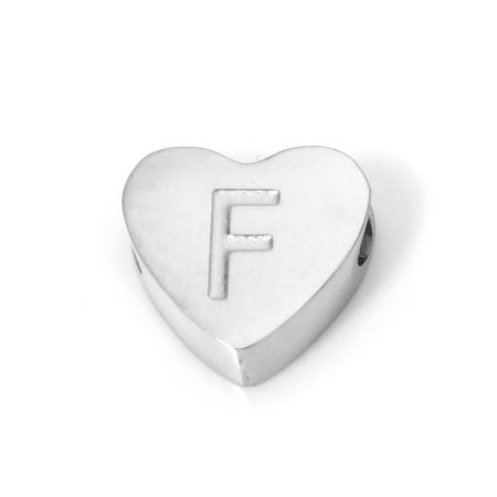 Picture of 2 PCs 304 Stainless Steel Valentine's Day Beads For DIY Jewelry Making Heart Silver Tone Capital Alphabet Initial Letter Message " F " 8mm x 7mm, Hole: Approx 2mm