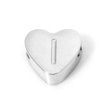 Picture of 2 PCs 304 Stainless Steel Valentine's Day Beads For DIY Jewelry Making Heart Silver Tone Capital Alphabet Initial Letter Message " I " 8mm x 7mm, Hole: Approx 2mm