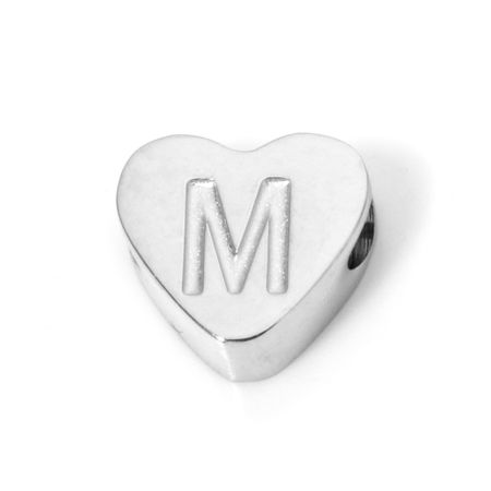 Picture of 2 PCs 304 Stainless Steel Valentine's Day Beads For DIY Jewelry Making Heart Silver Tone Capital Alphabet Initial Letter Message " M " 8mm x 7mm, Hole: Approx 2mm