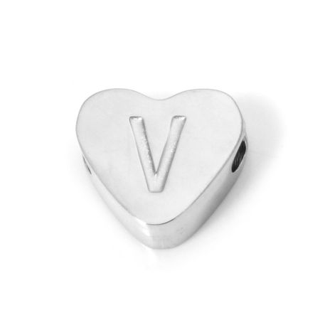 Picture of 2 PCs 304 Stainless Steel Valentine's Day Beads For DIY Jewelry Making Heart Silver Tone Capital Alphabet Initial Letter Message " V " 8mm x 7mm, Hole: Approx 2mm