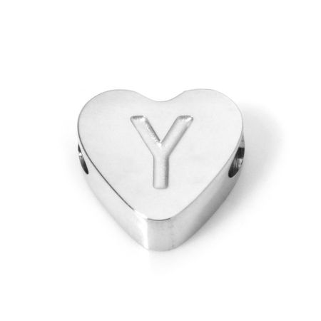 Picture of 2 PCs 304 Stainless Steel Valentine's Day Beads For DIY Jewelry Making Heart Silver Tone Capital Alphabet Initial Letter Message " Y " 8mm x 7mm, Hole: Approx 2mm