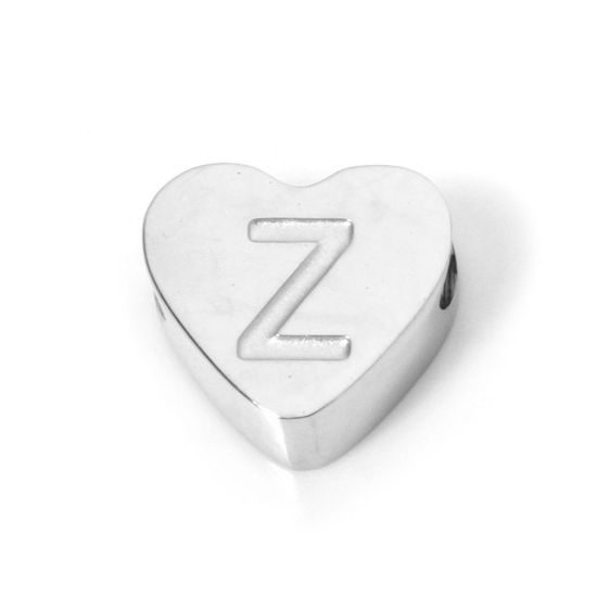 Bild von 2 Stück 304 Edelstahl Valentinstag Perlen zur DIY-Schmuckherstellung Herz Silberfarbe Anfangsbuchstabe/ Großbuchstabe Message " Z " 8mm x 7mm, Loch: ca. 2mm