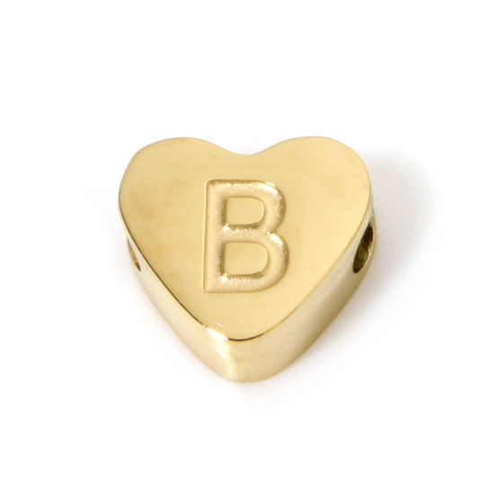 Image de 2 Pcs Perles pour DIY Fabrication de Bijoux en 304 Acier Inoxydable Revêtement sous Vide PVD Respectueux de l'Environnement Plaqué Or 18K Cœur Alphabet Initial/ Lettre Majuscule Message " B " 8mm x 7mm, Trou: env. 2mm