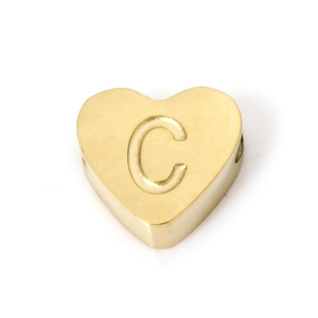 Picture of 2 PCs Eco-friendly PVD Vacuum Plating 304 Stainless Steel Beads For DIY Jewelry Making 18K Gold Plated Heart Capital Alphabet Initial Letter Message " C " 8mm x 7mm, Hole: Approx 2mm