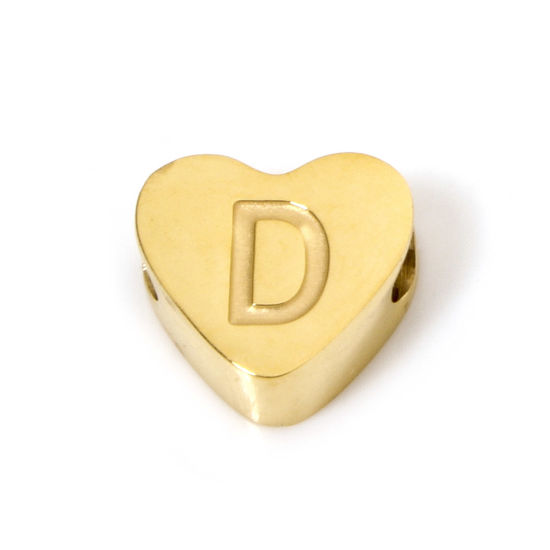 Image de 2 Pcs Perles pour DIY Fabrication de Bijoux en 304 Acier Inoxydable Revêtement sous Vide PVD Respectueux de l'Environnement Plaqué Or 18K Cœur Alphabet Initial/ Lettre Majuscule Message " D " 8mm x 7mm, Trou: env. 2mm