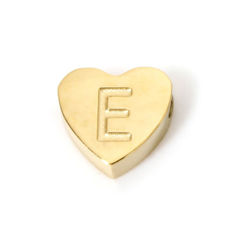 Picture of 2 PCs Eco-friendly PVD Vacuum Plating 304 Stainless Steel Beads For DIY Jewelry Making 18K Gold Plated Heart Capital Alphabet Initial Letter Message " E " 8mm x 7mm, Hole: Approx 2mm