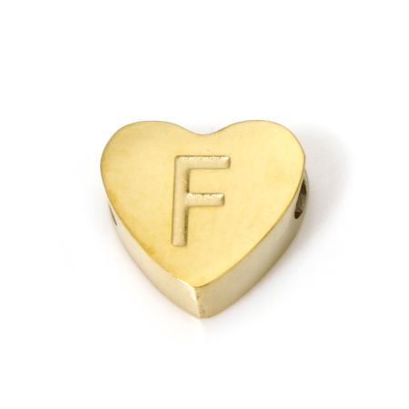 Picture of 2 PCs Eco-friendly PVD Vacuum Plating 304 Stainless Steel Beads For DIY Jewelry Making 18K Gold Plated Heart Capital Alphabet Initial Letter Message " F " 8mm x 7mm, Hole: Approx 2mm