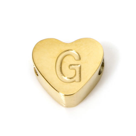 Picture of 2 PCs Eco-friendly PVD Vacuum Plating 304 Stainless Steel Beads For DIY Jewelry Making 18K Gold Plated Heart Capital Alphabet Initial Letter Message " G " 8mm x 7mm, Hole: Approx 2mm
