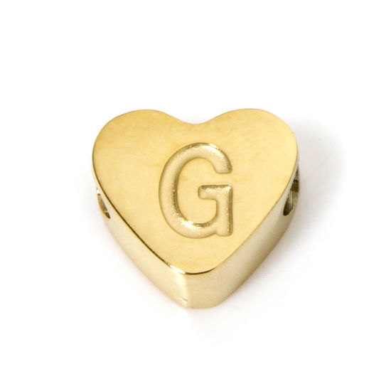 Image de 2 Pcs Perles pour DIY Fabrication de Bijoux en 304 Acier Inoxydable Revêtement sous Vide PVD Respectueux de l'Environnement Plaqué Or 18K Cœur Alphabet Initial/ Lettre Majuscule Message " G " 8mm x 7mm, Trou: env. 2mm