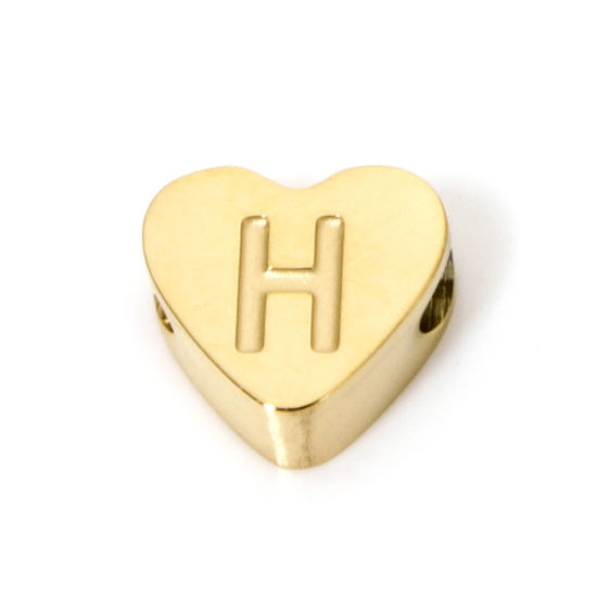 Image de 2 Pcs Perles pour DIY Fabrication de Bijoux en 304 Acier Inoxydable Revêtement sous Vide PVD Respectueux de l'Environnement Plaqué Or 18K Cœur Alphabet Initial/ Lettre Majuscule Message " H " 8mm x 7mm, Trou: env. 2mm