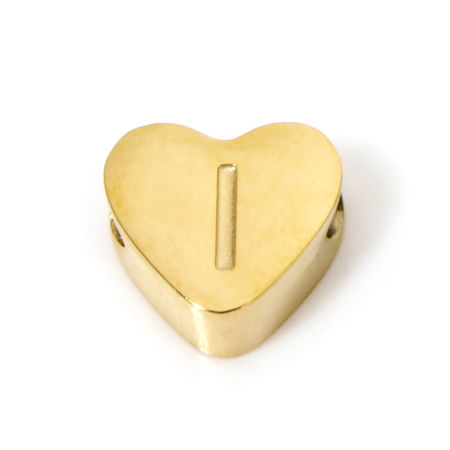 Picture of 2 PCs Eco-friendly PVD Vacuum Plating 304 Stainless Steel Beads For DIY Jewelry Making 18K Gold Plated Heart Capital Alphabet Initial Letter Message " I " 8mm x 7mm, Hole: Approx 2mm