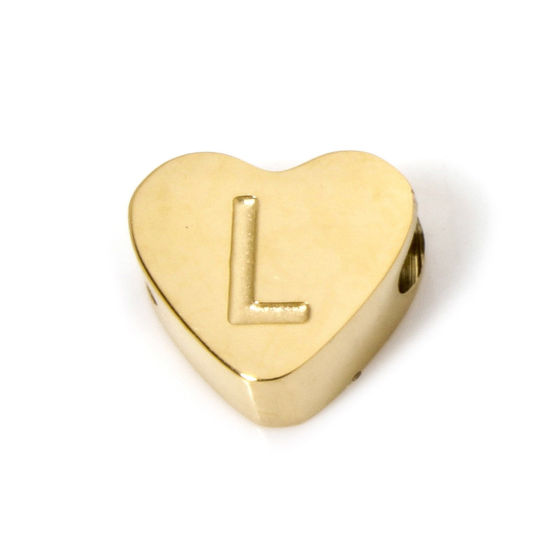 Image de 2 Pcs Perles pour DIY Fabrication de Bijoux en 304 Acier Inoxydable Revêtement sous Vide PVD Respectueux de l'Environnement Plaqué Or 18K Cœur Alphabet Initial/ Lettre Majuscule Message " L " 8mm x 7mm, Trou: env. 2mm