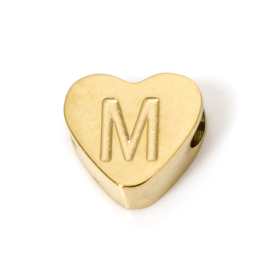 Image de 2 Pcs Perles pour DIY Fabrication de Bijoux en 304 Acier Inoxydable Revêtement sous Vide PVD Respectueux de l'Environnement Plaqué Or 18K Cœur Alphabet Initial/ Lettre Majuscule Message " M " 8mm x 7mm, Trou: env. 2mm