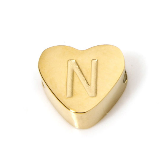 Image de 2 Pcs Perles pour DIY Fabrication de Bijoux en 304 Acier Inoxydable Revêtement sous Vide PVD Respectueux de l'Environnement Plaqué Or 18K Cœur Alphabet Initial/ Lettre Majuscule Message " N " 8mm x 7mm, Trou: env. 2mm