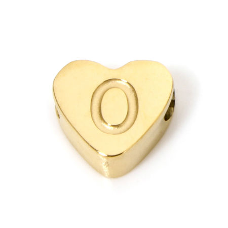 Picture of 2 PCs Eco-friendly PVD Vacuum Plating 304 Stainless Steel Beads For DIY Jewelry Making 18K Gold Plated Heart Capital Alphabet Initial Letter Message " O " 8mm x 7mm, Hole: Approx 2mm